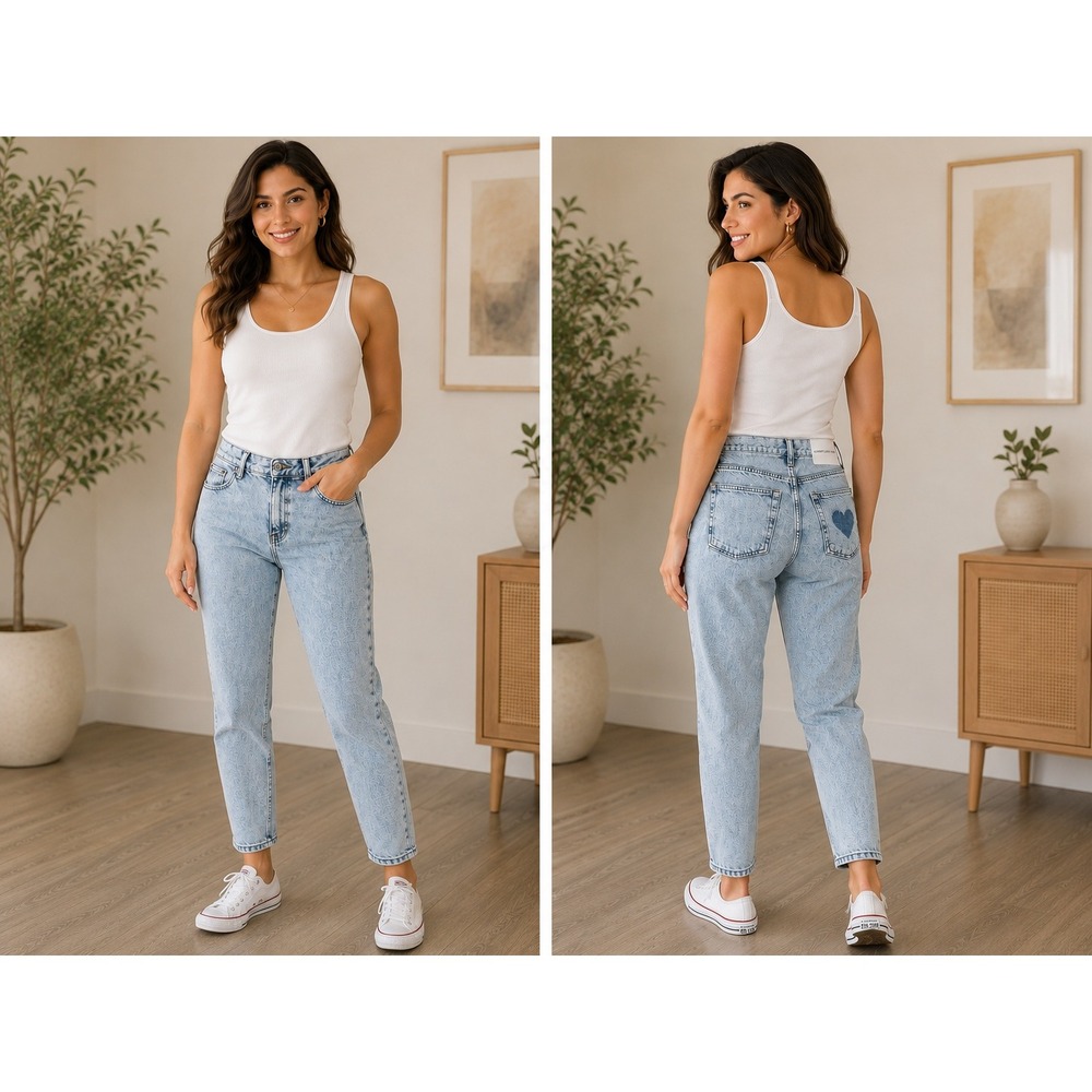 Unemployed Denim Mom Jeans Womens Size 28 Light Wash Acid Wash Heart Patch